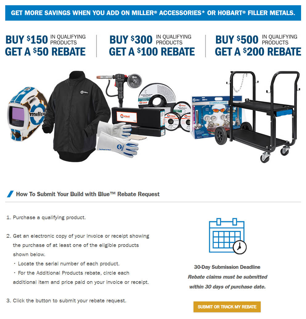 Submit your rebate request Miller Build with Blue rebate claim instructions